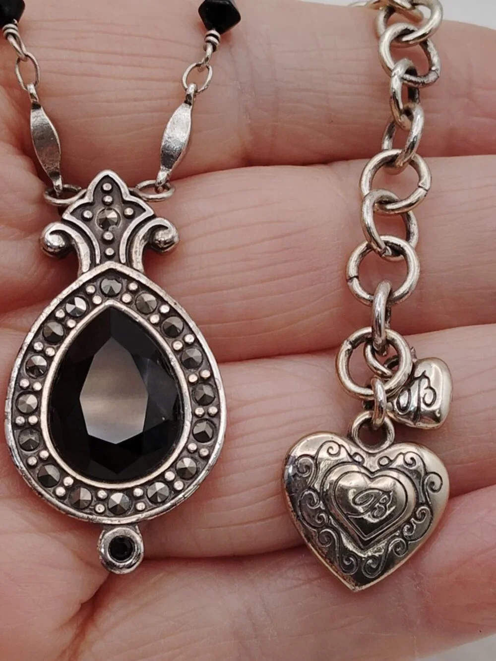Vintage Brighton Reversible Jet Black Pendant Necklace w/ Marcasite Accents